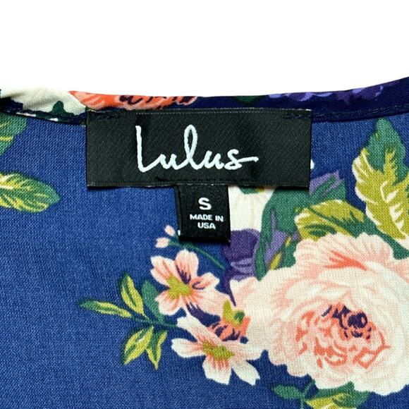 LULU'S Mini Floral Dress Faux Wrap LongSleeve V-Neck Cocktail Blue Cottagecore - Picture 8 of 12